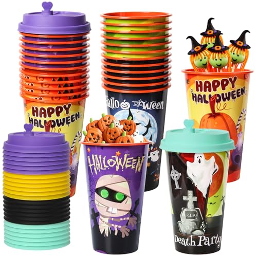 Halloween Party Cups Set - 24 Reusable Plastic Cups with Lids & Plugs, 16oz Spooky Designs