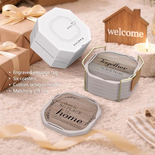 6 Pack Felt & Silicone Coasters Set with Holder - Sweet Home Octagon Design