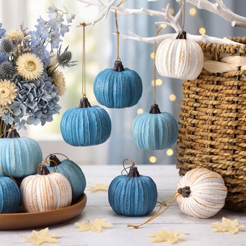 Resin Fall Pumpkin Ornaments for Tree - Blue Farmhouse Decor, 12 Pcs