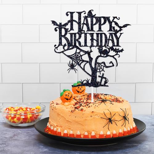 Halloween Birthday Cake Topper - Black Glitter Haunted House Decor, Spooky Party Supplies