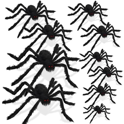 Giant Halloween Spider Decorations Set - 10 Black Plush Spiders with Red Eyes for Outdoor & Indoor Haunted Decor
