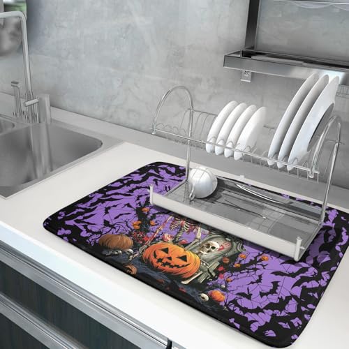 Halloween Purple Pumpkin Dish Drying Mat 18x24 Inch Spooky Ghost Bat Microfiber Kitchen Accessory