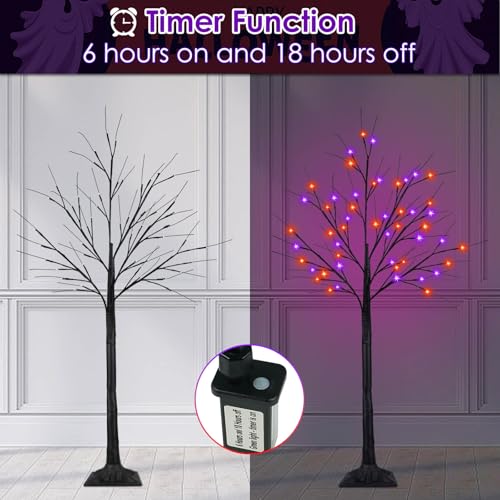 Halloween Black Tree with 100 LED Orange & Purple Lights - 4Ft, 2 Pack, Adjustable & Waterproof