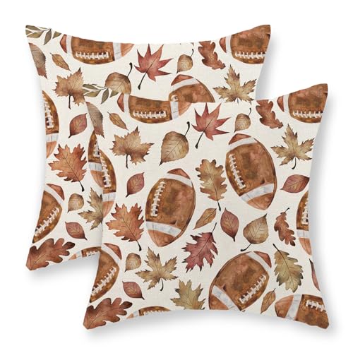 Football Maple Leaf Fall Pillow Covers 16x16 Pack of 2 - Autumn Linen Decor