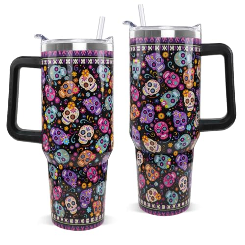 Halloween Day of the Dead Tumbler with Handle 40oz Sugar Skull Travel Mug - Multi Skull Variation