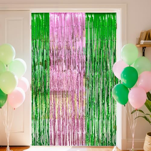 Pink & Green Foil Fringe Backdrop - Metallic Tinsel Curtain for Party & Event Decor