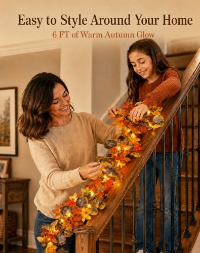 Fall Garland with 35 Warm LED Lights - Autumn Decor for Indoor & Outdoor