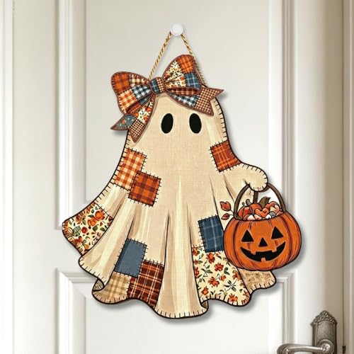 Halloween Pumpkin Ghost Wooden Sign - Fall Decor Door Wall Art