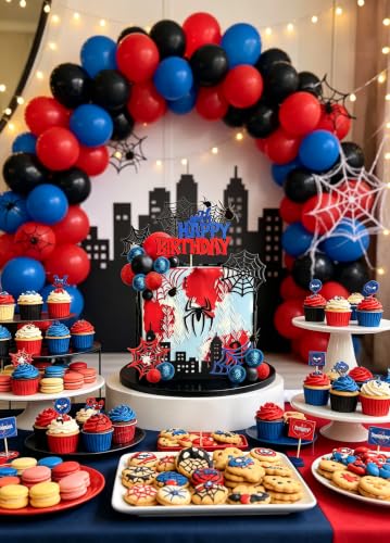 Spider Cake Topper - Superhero Theme Birthday Decor (Red) - 43-Piece Party Set