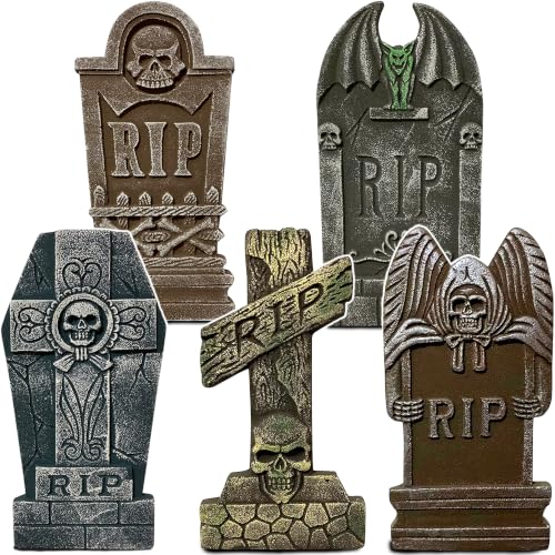 Gray Halloween Foam Graveyard Tombstones 5 Pack with Metal Stakes - Scary Yard Decor