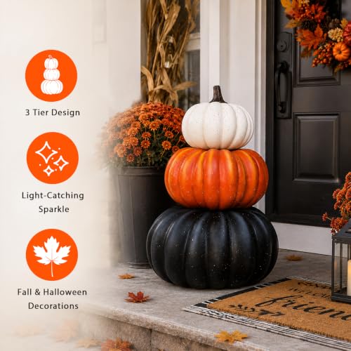 Large Faux Pumpkins Stack 23 Inch Fall Halloween Porch Decor - 3-Tier Pumpkin Arrangement