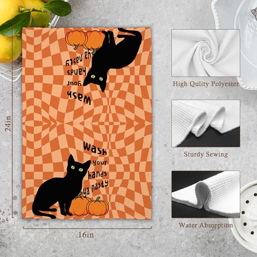 Pumpkin Orange Fall Black Cat Kitchen Hand Towels - Harvest Halloween Decor