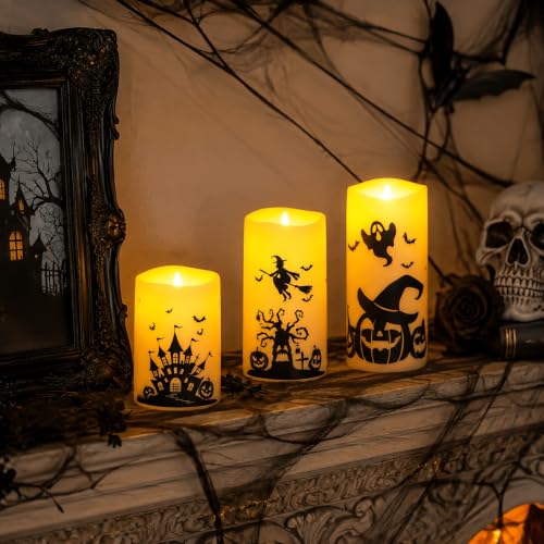 Halloween Flameless Candles with Remote Control - Haunted House & Pumpkin Scene