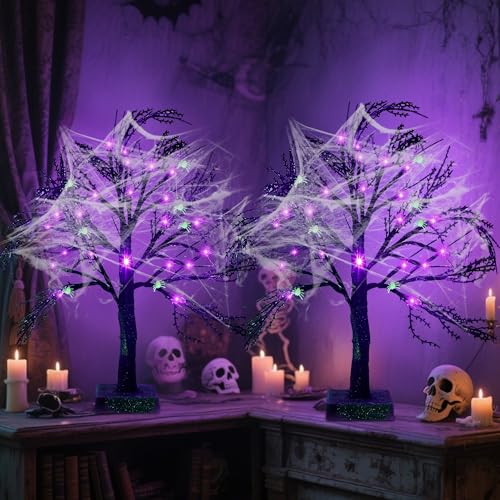 Halloween Indoor Tree with Purple Lights and Spiders - Creepy Decor