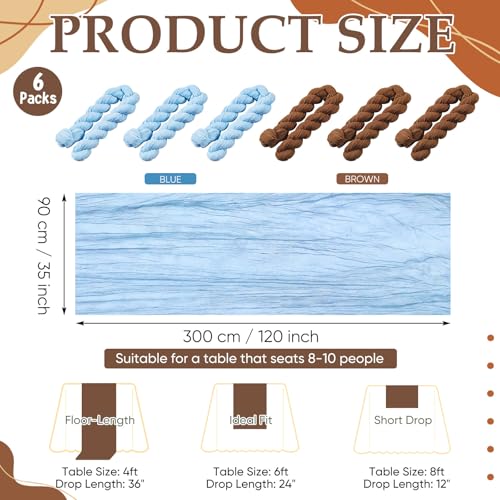 Blue and Brown Cheesecloth Table Runner Set - 6 Pieces, 118 Inch Length, Rustic Wedding & Party Decor