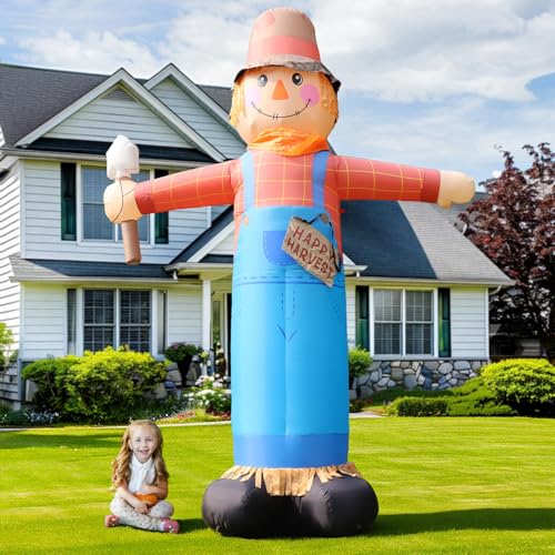 12FT Inflatable Scarecrow Yard Decor with LED Lights for Fall Halloween Thanksgiving