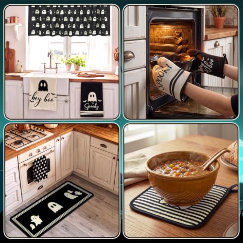 Halloween Kitchen Decor Set with Ghost Theme - 16 Pcs including Towels Rugs & More - Cute Ghost Variation
