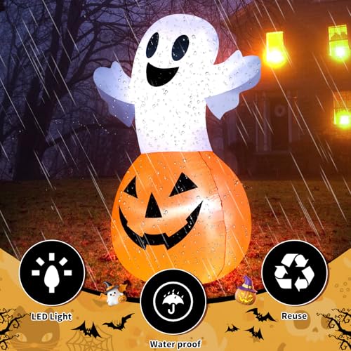 4FT White Ghost Pumpkin Inflatable Halloween Decoration with LED Lights - Trick or Treat