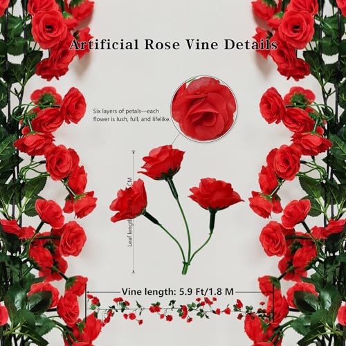 Red Artificial Flower Garland 24FT - Faux Rose Vines for Wedding & Home Decor