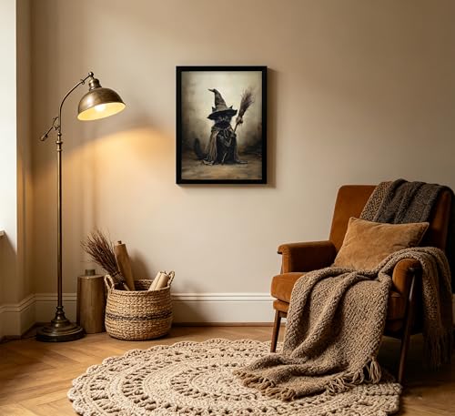 Black Cat Witch Wall Art - 16x12 Inch Framed Halloween Decor - Cat Variation