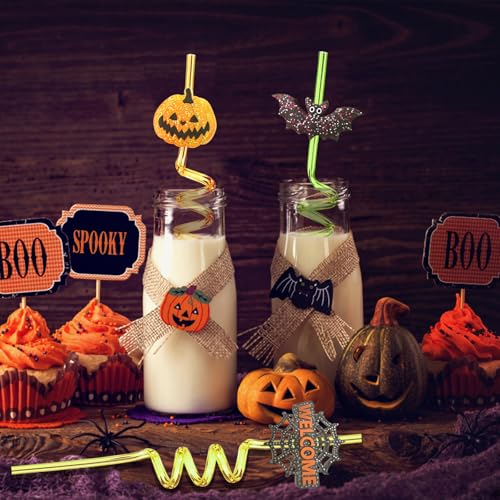 Halloween Glitter Crazy Straws Set - 24pcs with Pumpkins Ghosts & Brushes