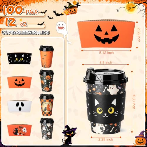 Umigy 100 Pack Halloween Disposable 12oz Coffee Cups with Lids & Sleeves - Classic Style