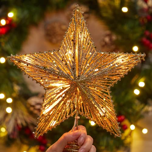 Christmas Star Tree Topper with Built-in 10 Bulb String Lights - 11” Gold Glittered Metal