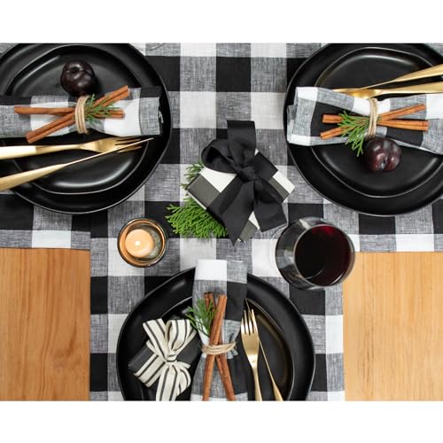 Black & White Check Linen Table Runner 14 x 108 Inches - Handcrafted