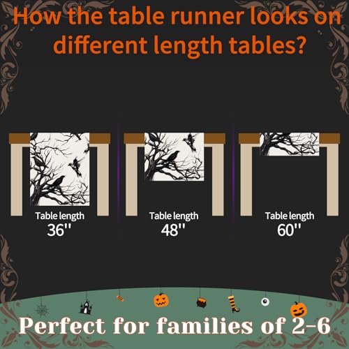 Halloween Black Linen Table Runner 13x72 Inch for Dining & Kitchen Decor - Crow & Branch Pattern