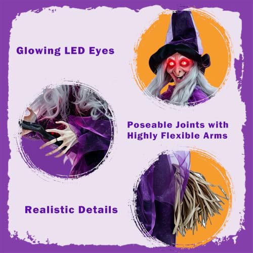 Flying Witch Halloween Decoration - Animated 4ft Hanging Prop with Lighted Eyes and Sound Activation for Yard & Indoor Haunted House