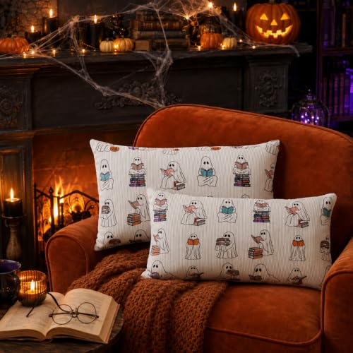 Halloween Ghost Pillow Cover 12x20 Set of 2 - Reading Book Design, Plush Cotton, Fall Decor, Ghost Variation
