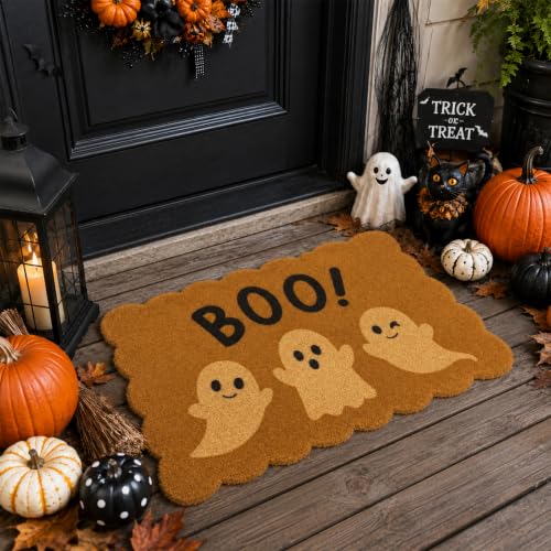 Halloween Ghost Doormat Decor - Boo Welcome Coir Door Mat, Brown & White