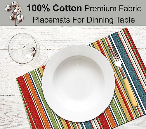 Cotton Placemats Set of 6 - 13x19 Inch Multi Stripe Reversible Table Mats