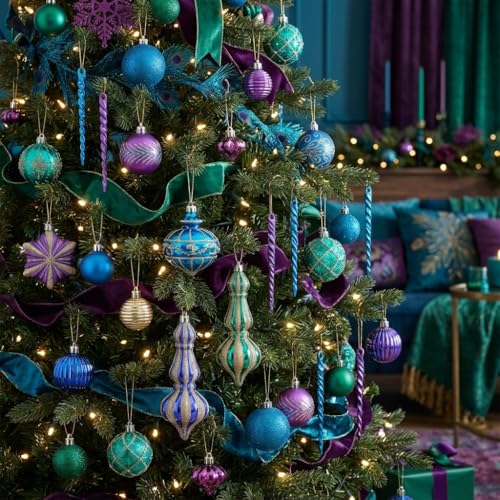 Christmas Ornaments Set 120pcs Holiday Tree Decorations with Peacock Theme