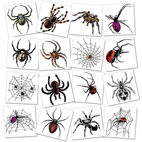 Halloween Spider Web Temporary Tattoos - 10 Sheets with Realistic Spider Designs - Waterproof & Easy to Remove - Spider Variation