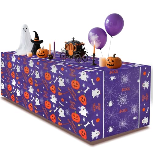 Purple Halloween Ghost Tablecloth - 6FT Spider Web Pumpkin Design for Party Decorations