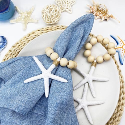 Wood Bead Starfish Napkin Rings Set of 12 Coastal Beach Table Decor
