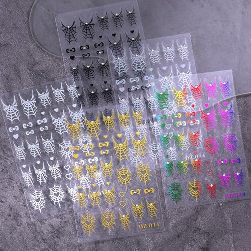 Halloween Nail Stickers 3D Self-Adhesive Nail Decals Love Spider Web - Gold Black White Rainbow, 5 Sheets