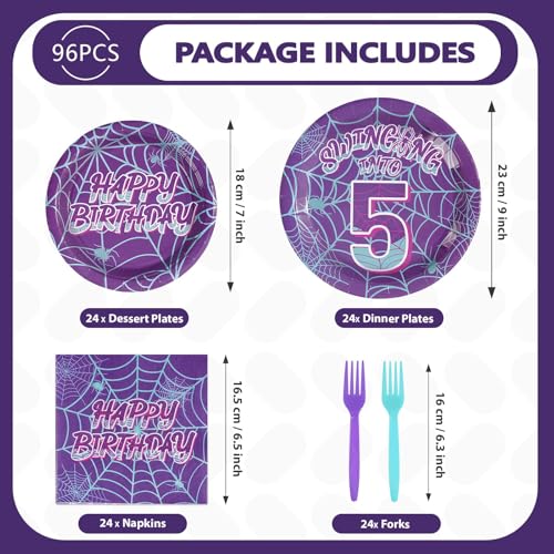 Purple Spider 5th Birthday Party Supplies Set for Kids - Serves 24, Includes Plates, Napkins, Forks