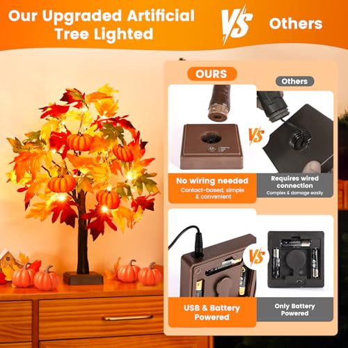 2 Pack 24-Inch Lighted Fall Maple Trees with Pumpkins - Indoor Halloween Thanksgiving Decor