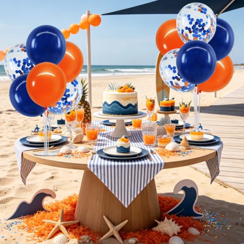 Navy Blue and Orange Balloon Stand Centerpiece Set for Table - 4 Pieces - Reusable Party Decorations