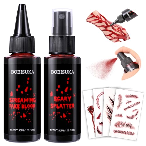 Halloween Fake Blood Kit with Spray, Drip & Wound Tattoos - Realistic Gory Makeup