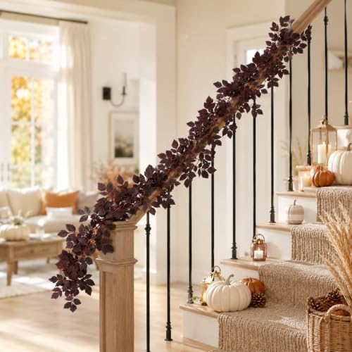 Dark Burgundy 27ft Fall Garland Set - Autumn Maple Leaves for Mantle & Porch Decor