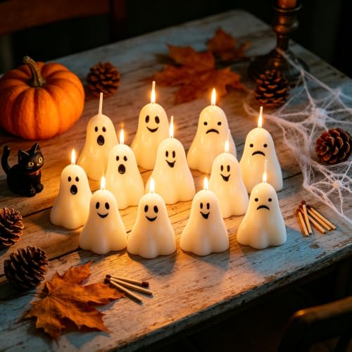 Ghost Candles Set - 12 Pack Mini Soy Wax Halloween Decorations - Ghost 2 / 12 Packs