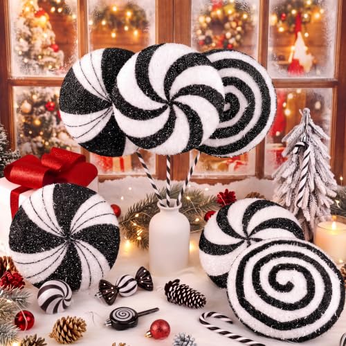 Large Candy Christmas Decorations Set - Black & White Lollipops & Ornaments