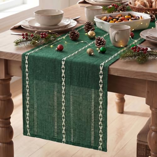 Green Rustic Cotton Linen Christmas Table Runner - 13x36 Inch Seasonal Decor