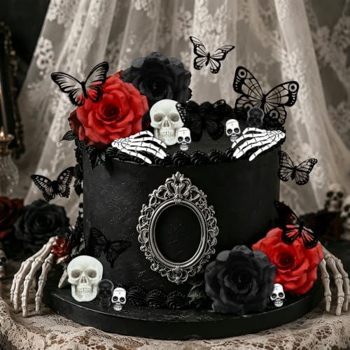 Gothic Cake Decorations Set - Skull, Butterfly & Rose Toppers for Halloween & Dark-Themed Cakes