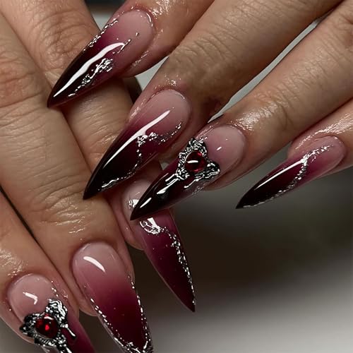 Goth Long Fake Nails with Metallic Heart Charm - Variation ANE04goth 24Pcs