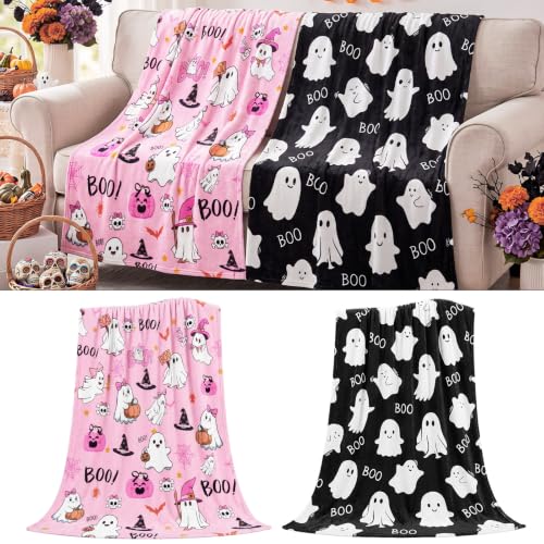 Halloween Ghost Throw Blanket Set - Black and Pink Boo Ghost Flannel 50x60 Inches, Cozy Halloween Decor for Couch and Bed - 2 Pack