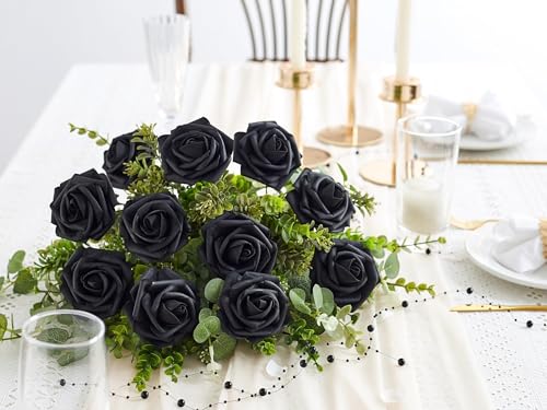 Artificial Black Roses Foam Flowers - 16 Pcs, DIY Floral Decor, Adjustable Stems, Gift Set